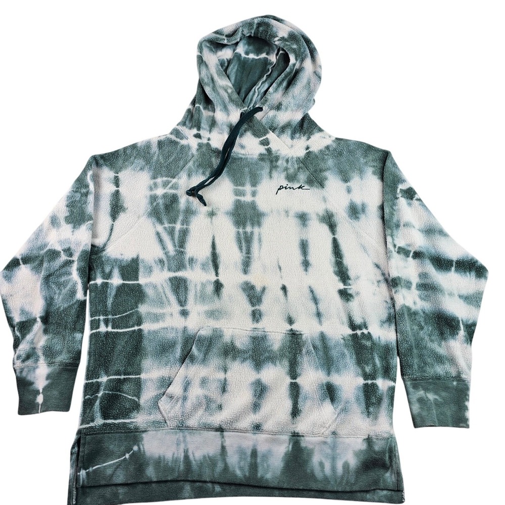 PINK Victoria's Secret Fleece Hoodie Womens Medium Green White Tie Dye Pullover